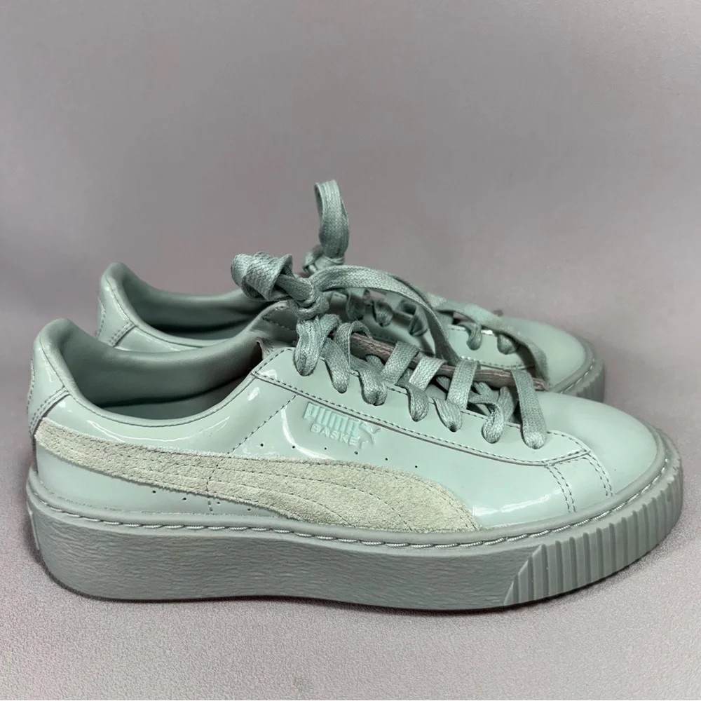 Puma Basket Mint Green Patent Leather Platform Sneakers